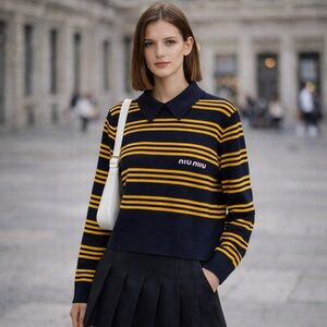 Miu Miu Striped Knit Polo Sweater Navy Yellow Crop Top Size M NWOT